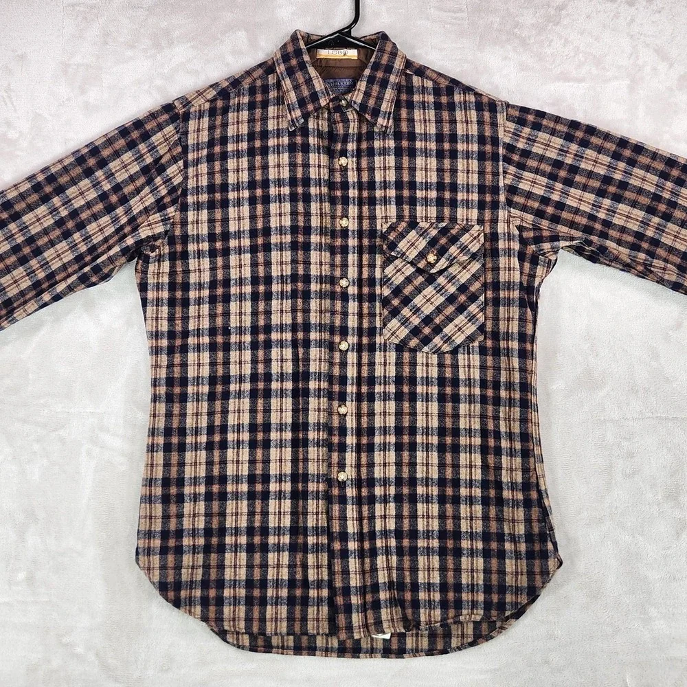 Vintage Pendleton Shirt Mens Medium Blue Plaid Wool Elbow Patch Made USA